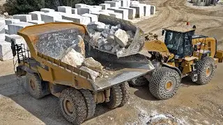 CAT 980 Loader and CAT 770 Dump Truck Work Together in Quarry