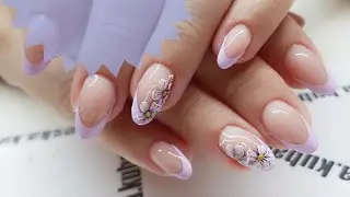 Hand-drawn French/Draw French with an angled brush/ Brushstrokes flowers/Summer nails design/