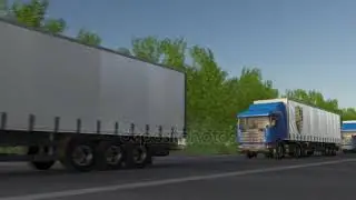 Freight semi trucks with Porsche logo driving along forest road .
