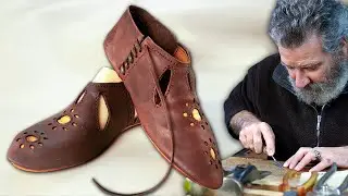 Medieval footwear. First shoes of primitive man made with leather and hemp