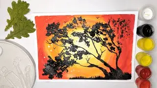 Дерево на закате / Рисуем гуашью / Иллюстратова Арт