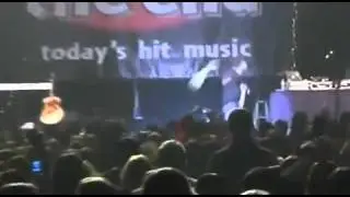 Justin Beiber gets hit with a water bottle..