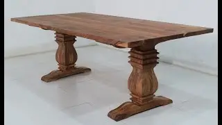 Solid Acacia Wooden Carved Thick Leg Solid Wood Slab Dining Table.