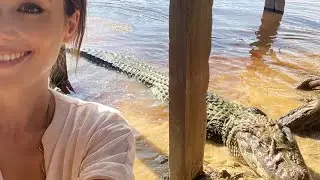 Small boat breaking down next to big croc