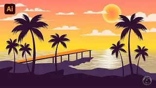 Beautiful Sea Island Vector Sunset landscape Drawing In Illustrator. Sea Beach Drawing Tutorial