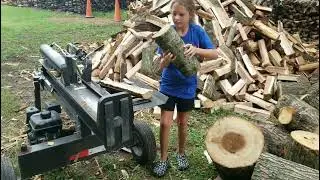 my little girl helping me split wood