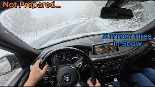 BMW X5 XDRIVE 40D with Summer Tires vs First Snow: POV Mountain Drive