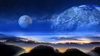 Mysterious Night in the Misty Valley: The Earth and the Moon Light Up the Deep Blue Sky.
