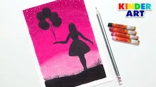 Как нарисовать девочку с воздушными шарами масляной пастелью поэтапно для начинающих