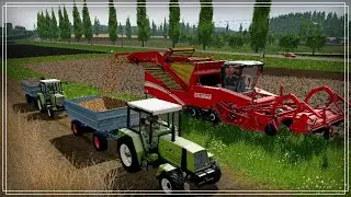 Farming Simulator 17 (CoursePlay) Уборка картошки с саморазгрузкой комбайна.