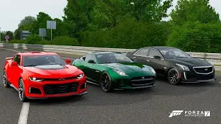 Forza 7 Drag race: F&F Jaguar F-Type R vs Camaro ZL1 2017 vs Cadillac CTS-V Sedan