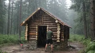 Construction of an Amazing House from Logs in the Rain. Start to Finish