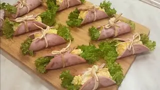 Закуска на праздничный стол. Рулетики из ветчины с сыром.