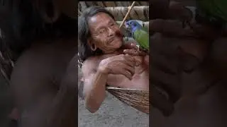 Waorani tribal man and his pet parrot.  