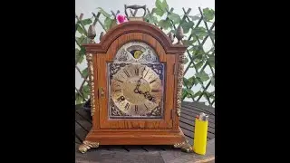 Dutch Vintage Warmink Mantle Shelf Clock In Oak. Moon Phase, Double Bell Strike, Original Key.