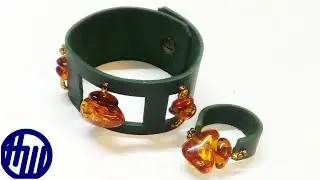 Браслет из кожи. С янтарём. В комплект к кольцу