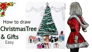 How to draw Christmas tree with gifts | Easy way to draw Christmas tree with gifts | Christmas tree.
