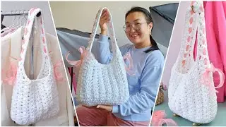 Delicate summer bag with ribbon and bows Video Crochet Lesson