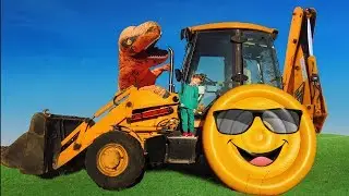 The dinosaur chewed on the wheel. Leo helps fix Dad's broken tractor