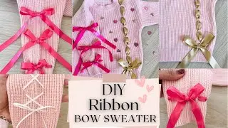 DIY ribbon bow sweater, bows on sweater, Valentine's Day outfits idea