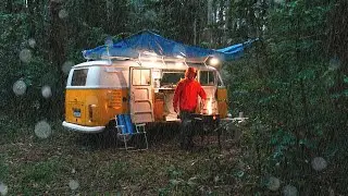Solo Camping in Rain With An Classic VW Van in a Foggy Forest [ASMR]