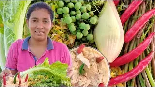 #Nika Eat Banana🍌Flower/ Fresh morning glory and Pea Eggplant Vegetable with Steam Prohok Sauce