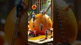 3D animation style tiny workers work on the orange 