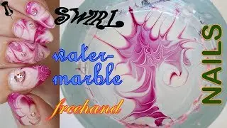 VERY EASY swirl water marble nails featuring swarovski crystals!