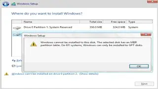 Windows cannot be installed to this disk.The selected disk has an MBR partition table On EFI system