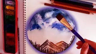 SULUBOYA ÇALIŞMASI 🎨 MANZARA RESMİ ÇİZİMİ SULU BOYA // daire içinde