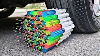 Crushing Crunchy & Soft Things by Car! - EXPERIMENT: CAR vs SYRINGES RAINBOW SLIME