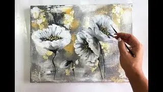 Flowers painting on canvas/ Gold & Silver Leaf/Demo /Acrylic Technique on canvas