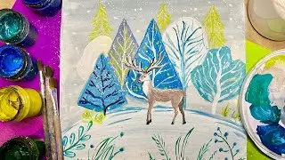 ОЛЕНЬ🦌зимний пейзаж❄️РИСУЕМ