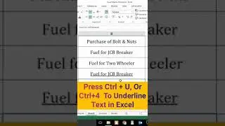 Excel Shortcut Ctrl + U or Ctrl+4 Underline