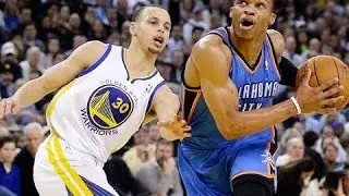Stephen Curry blocks Russell Westbrook