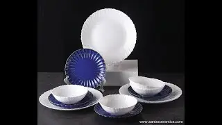Vintage flower white opal glassware and blue kiln glazed ceramic plates and bowls dinnerware set