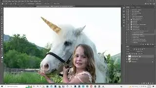 Adding a horn to a unicorn in Photoshop, quick select, refine edge, content aware crop