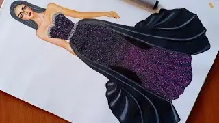 Fashion illustration |beautiful dress design with glitter | gown illustration for beginners