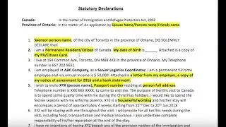 Statutory Declaration Canada -Sample Letter for Canada Visa