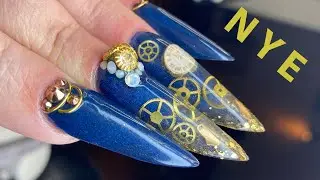 New Year Acrylic Nails - Russian Almond  with Encapsulated Clock Charms