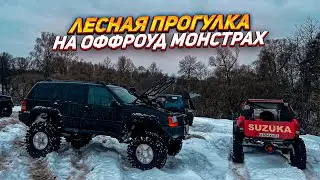 НИВА на ТРАКТОРАХ прет по ЦЕЛИНЕ в зимнем лесу.