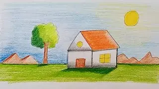 House and nature drawing | Landscape drawing | Easy landscape drawing for kids and beginners