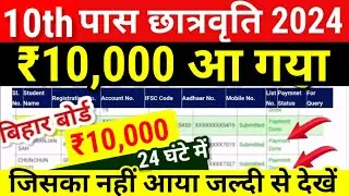 10th पास ₹10000 आ गया सभी का Bihar Board 10th Pass ₹10000 Scholarship 2024 ka Paisa kab aayega