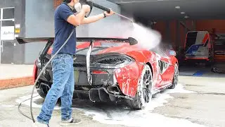 Touchless cleaning a red McLaren 570S with Nerta Blue Diamond