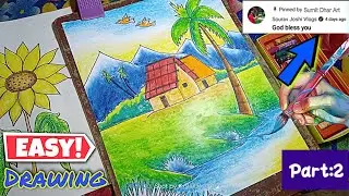 Draw mountain river side village scenery with oil pastel colors | new village scenery drawing part:2
