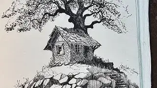 A Lonely hut under a Tree. Relaxing Pen Sketch