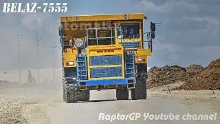 BELAZ-7555 haul trucks carry overburden with nice diesel growling