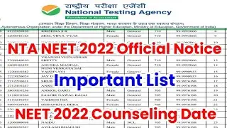 NEET 2022 : NTA NEET 2022 Official Notice | Important List | NEET 2022 Counseling Date, NEET Result