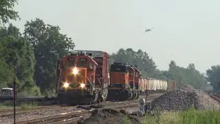 BNSF Freight Train + Crop Duster Plane Working in tandem in Chaffee, MO - July 2023