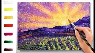 Sunset over the lavender field. How to paint 🎨ACRYLIC tutorial DEMO